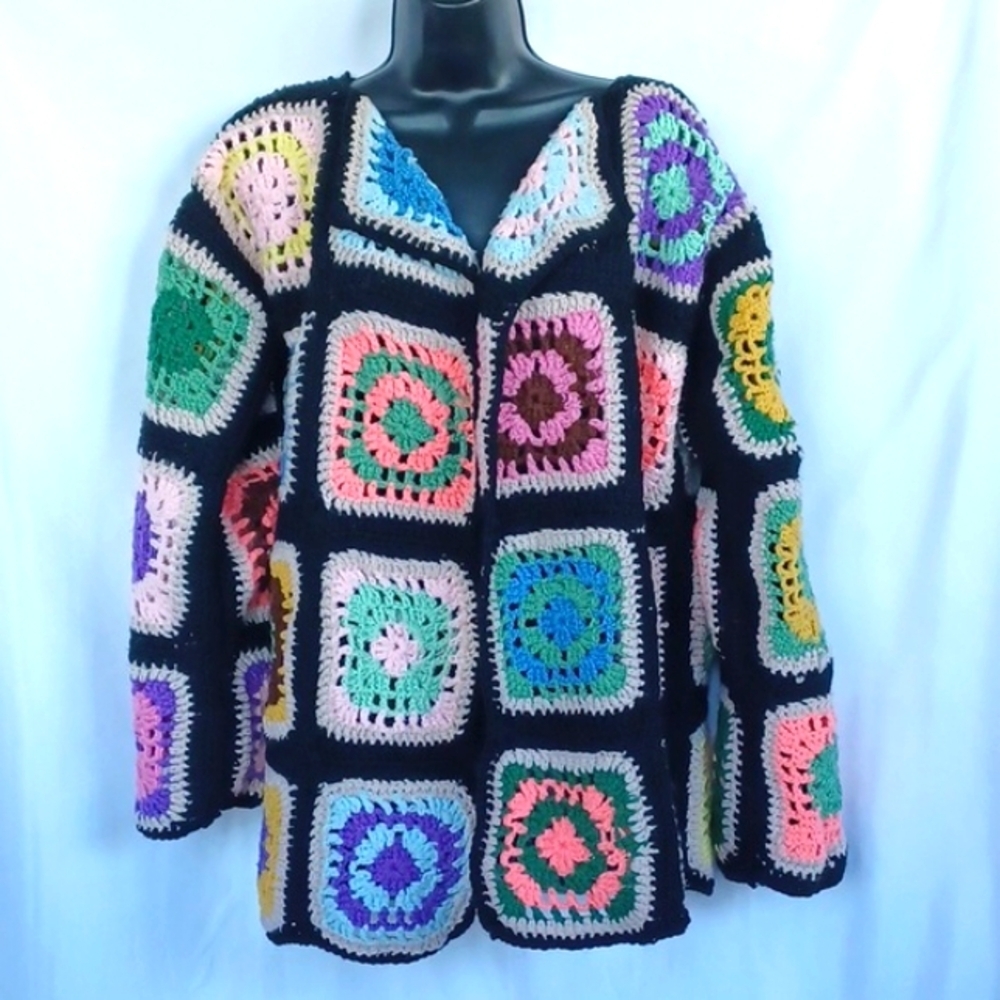 Handmade Crochet Granny Square Cardigan sz Med/large, purple, pink, green